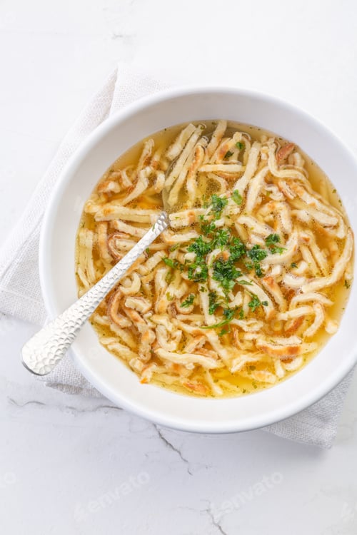 Preview: Pancake soup - traditional German chicken broth with pancake noodles