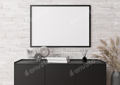 Preview: Empty horizontal picture frame on white brick wall in modern living room. Mock up interior