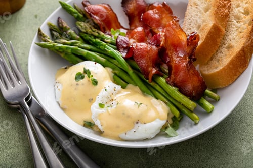 Preview: Healthy breakfast with poached eggs, bacon and asparagus