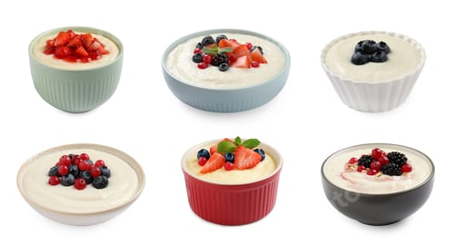 Preview: Set with delicious semolina puddings on white background. Banner design