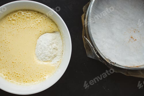 Preview: Raw Dough Mix Ingredients (Eggs, Flour And Others). Food Background. Copy Space