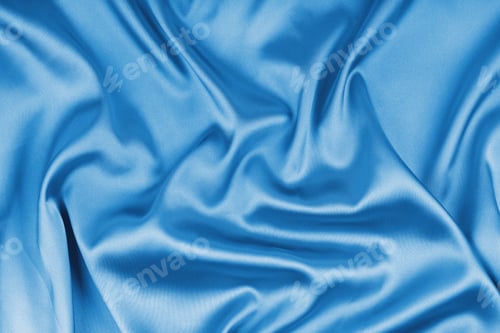 Preview: Crumpled, Wrinkled Cyan Colored Glossy Silk Satin Texture. Shiny Smooth Fabric With Soft Folds