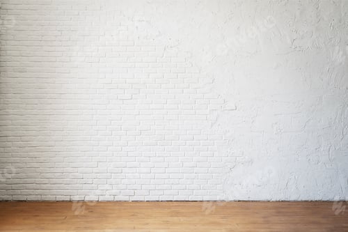 Preview: Empty room without furniture with a white brick wall and wooden floor.