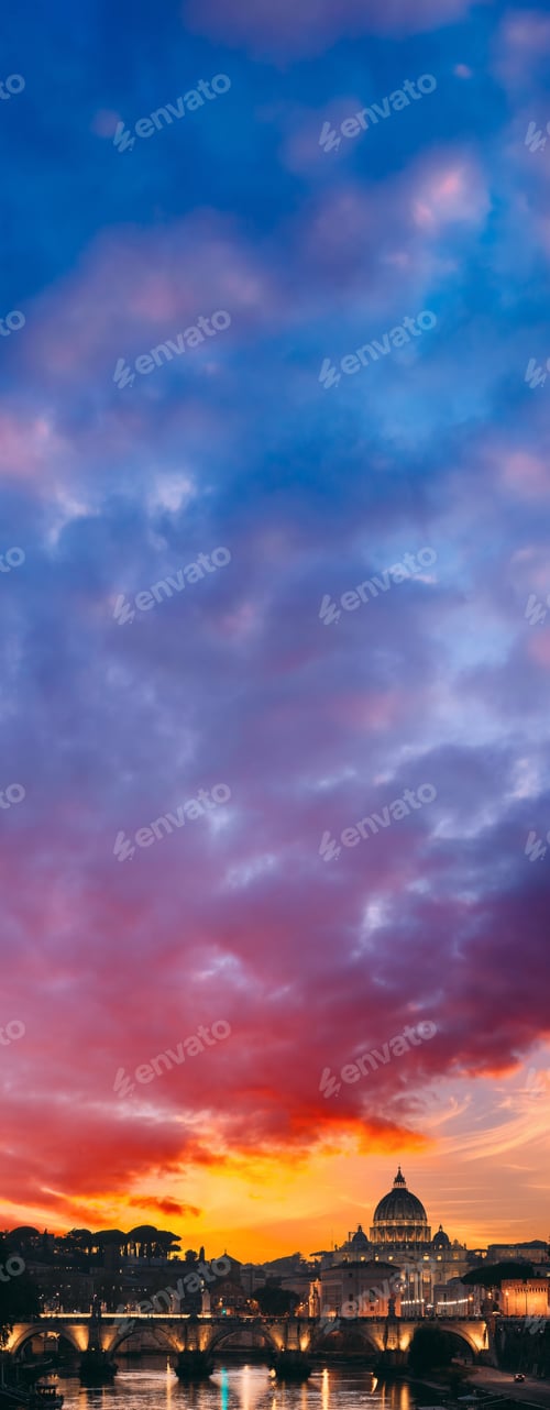 Preview: Rome, Italy. Papal Basilica Of St. Peter In The Vatican And Aelian Bridge In Sunset Sunrise Time