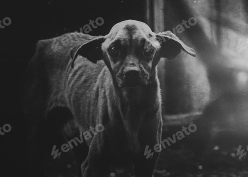 Preview: Monochrome image of sad looking dog indoors