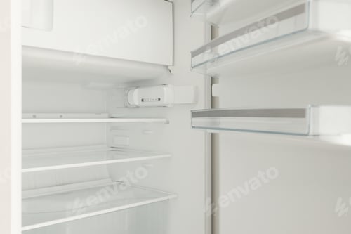 Preview: Clean fridge interior with empty shelves and few items