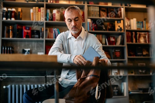 Preview: Mature man taking book from a backpack while studying in library.