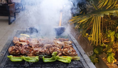 Preview: Grilled chicken pieces and vegetables sizzling on an outdoor barbecue grill surrounded