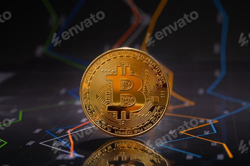 Preview: Gold bitcoin standing on financial graphs for cryptocurrency prices