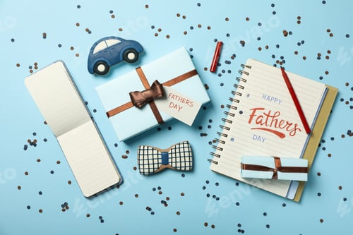 Preview: Gift for father, concept of world father's day, on blue background.