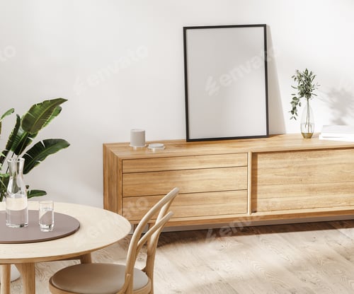 Preview: blank frame mockup on wooden dresser in dining room, home interior mockup, 3d rendering