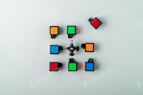 Preview: Top view of a disassembled puzzle cube on a blue background.