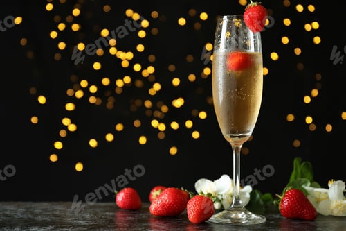 Preview: Concept of delicious drink with Rossini cocktail against dark background with blurred lights