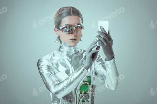 Preview: young woman robot using smartphone isolated on grey, future technology concept