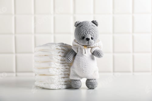 Preview: Baby diapers and toy bear on white table near tiled wall