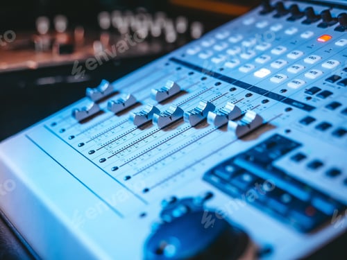 Preview: Professional Recording Studio. Interface of equipment for sound processing. Fader.