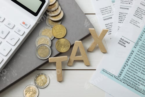 Preview: Word Tax made of letters, calculator, notebook, documents and coins on white wooden table, flat lay