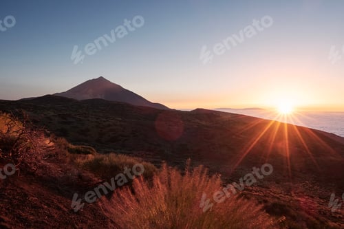 Preview: Beautiful sunset in nature. View of the volcano Teide in last sunbeams. Tenerife, Canary Islands.