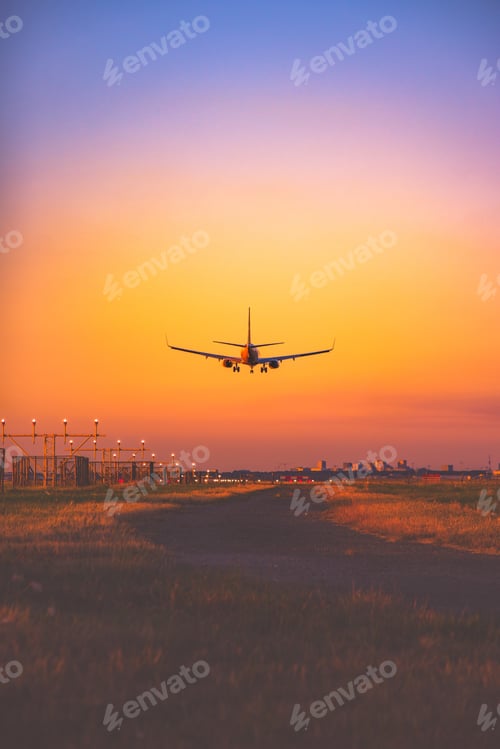 Preview: Airplane landing flying colorful sky sunset