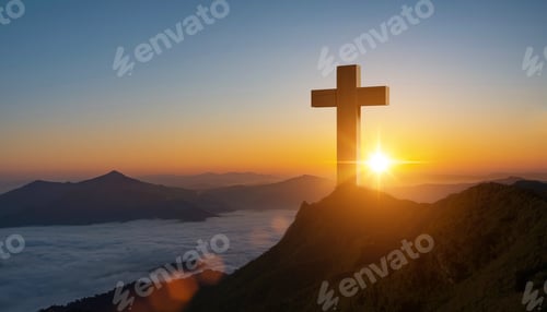 Preview: Silhouettes of Christian cross symbol on top mountain at sunrise sky background