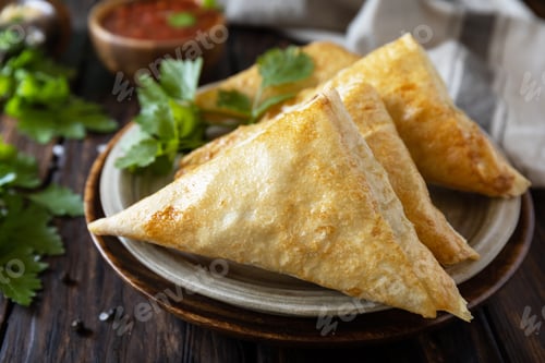 Preview: Asian food. Vegetarian samsa (samosas) with tomato sauce.
