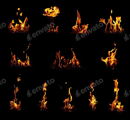 Preview: Different fire flames on black background