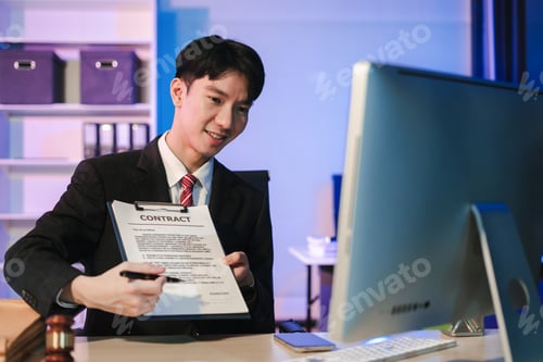 Preview: Justice and law concept, Male lawyer working at table at office.