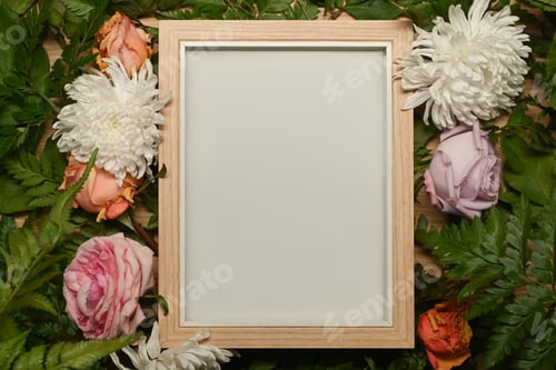 Preview: Blank picture frame surrounded by colorful spring flower and green leaves.