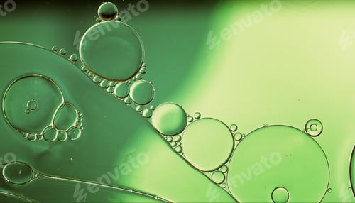 Visualização: Gotas de óleo alimentar coloridas abstratas, bolhas e esferas fluindo na superfície da água