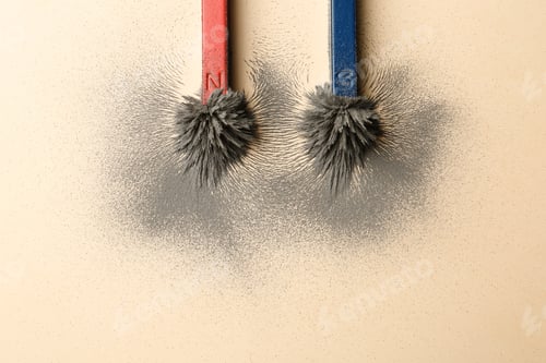 Preview: Magnet with iron powder on color background, top view. Space for text