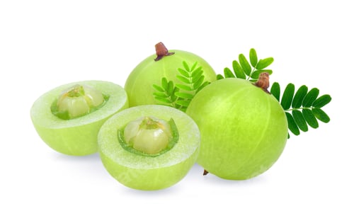 Green Gooseberries and Leaves on a White Background
