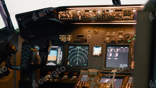 Preview: Empty airplane cockpit with dashboard command to throttle engine