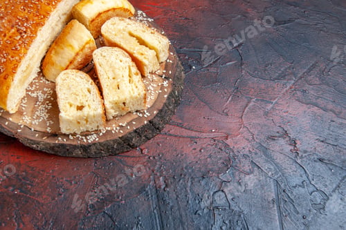 Preview: front view delicious sweet pastry sliced in pieces on a dark background dough cake pie
