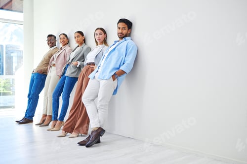 Preview: Waiting room, staff portrait and business people with thinking and hiring employee with mockup spac