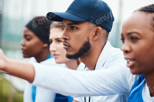 Preview: Sports, people and group of man and women watching a match together at a field, focus and concentra