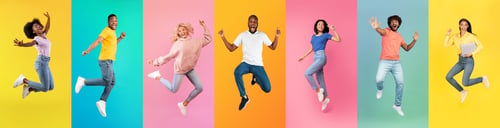 Preview: Diverse positive young men and women jumping in air over colorful backgrounds