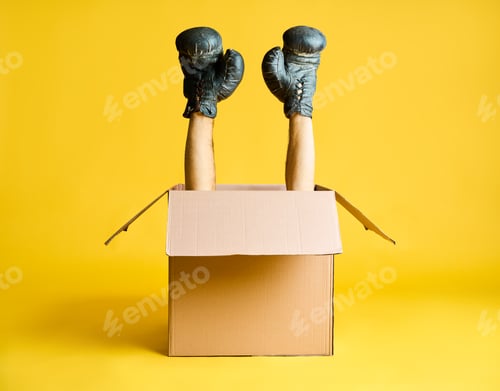 Preview: Pair of hands in boxing gloves raised up from open cardboard box