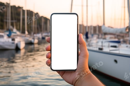 Preview: Businessman holding smartphone with blurred yacht marine background. White screen, mockup