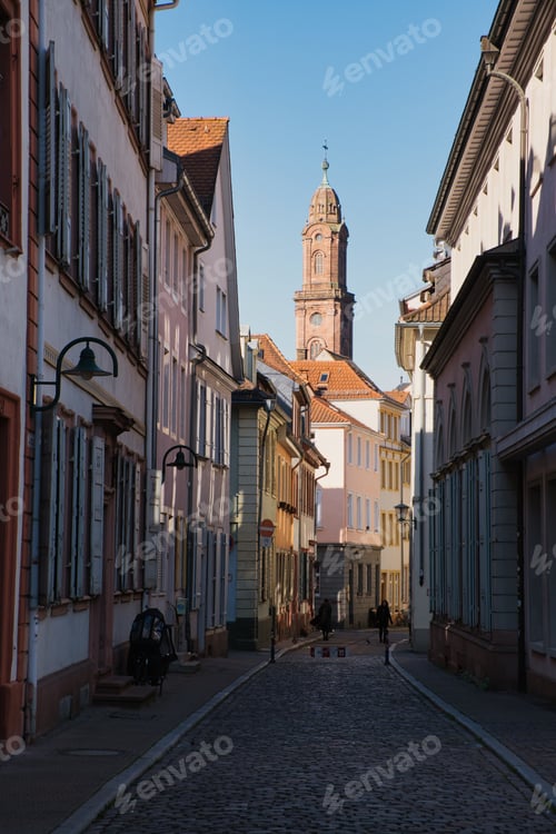 Preview: Street lined with numerous white and pink buildings, Heidelberg, Germany