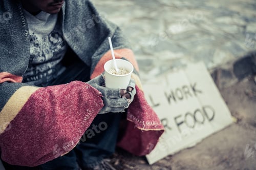 Preview: The beggars sat wrapped in cloths and eating noodles.