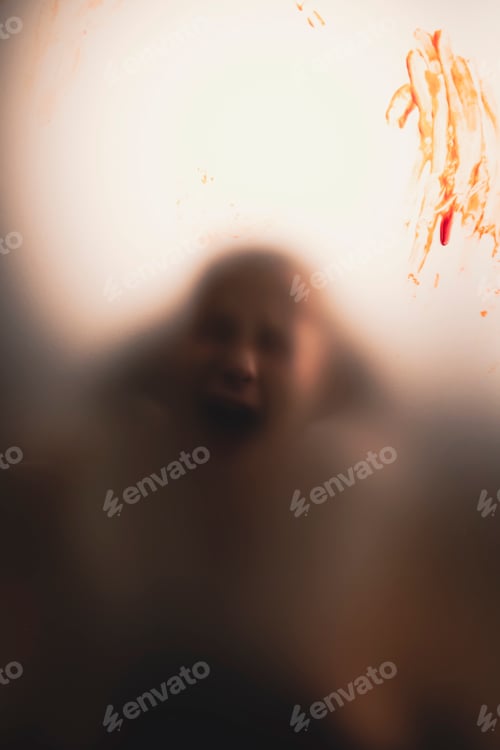 Preview: Shadowy figure, child behind glass with blood - horror background