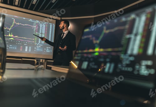 Preview: The businessman presents his project on screen.