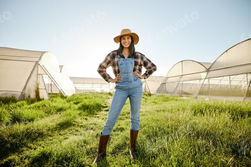 Preview: Greenhouse, agriculture farmer woman in proud and happy portrait with a vision for success and sust