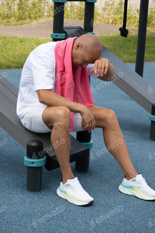 Preview: Athlete sports man with towel and bottle of water tired after workout. Outdoor workout.
