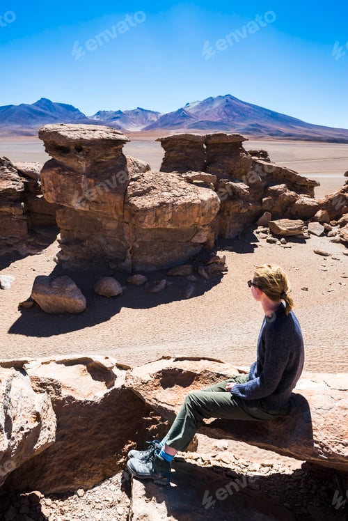 Preview: Tourist in the Siloli Desert (part of Atacama Desert) in the Altiplano of Bolivia, Eduardo Avaroa An
