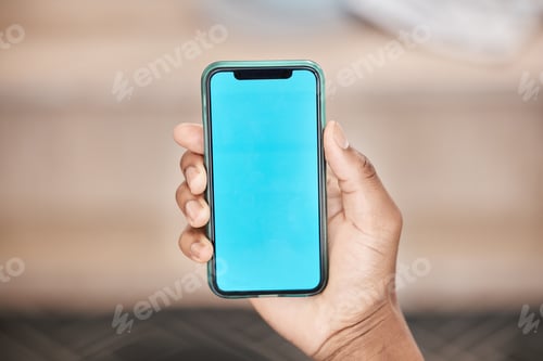 Preview: Blue screen, phone and mockup in hand of man showing marketing logo, contact us or brand on smartph