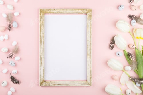 Preview: Easter composition eggs and white tulips .Happy Easter