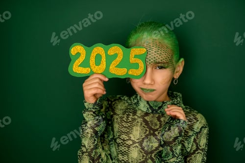 Preview: A girl with a dissatisfied face, disguised as a snake, covers face with the number 2025.
