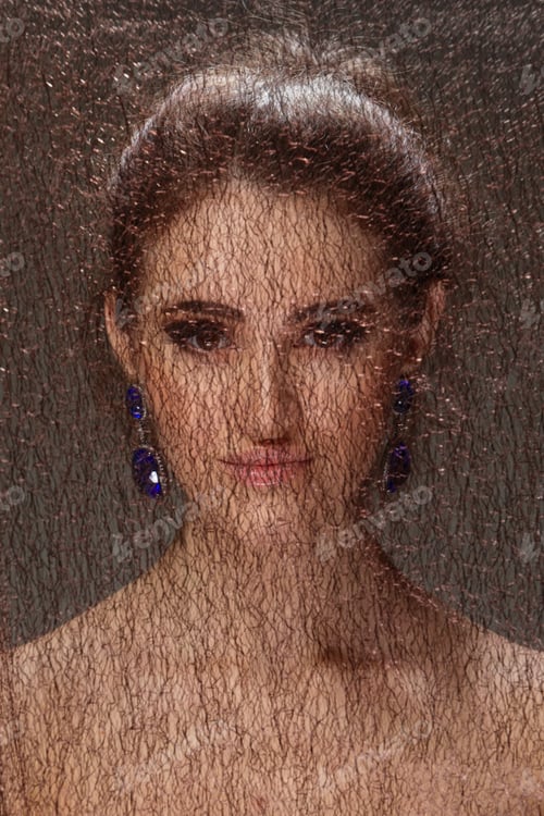 Preview: Close up portrait of pretty girl with earrings behind fishnet curtain