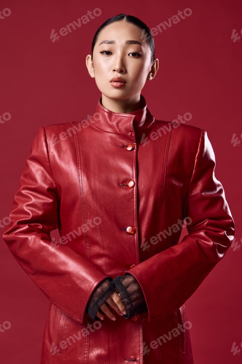 Preview: Fashion asian brunette woman in red leather jacket posing in front of a red background with hands on